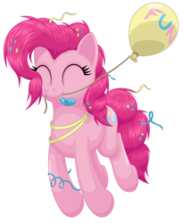 Size: 2560x3120 | Tagged: safe, artist:ohemo, pinkie pie, earth pony, pony, g4, ^^, balloon, confetti, eyes closed, female, happy, high res, messy mane, mouth hold, party horn, party whistle, pronking, simple background, solo, streamers, transparent background