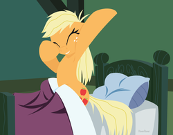 Size: 1280x1000 | Tagged: safe, artist:hoverrover, applejack, earth pony, pony, g4, bed, cute, eyes closed, female, freckles, hooves, jackabetes, lineless, mare, morning ponies, pillow, sitting, smiling, solo, teeth, waking up
