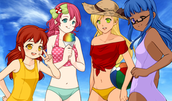 Size: 891x525 | Tagged: safe, apple bloom, applejack, pinkie pie, twilight sparkle, human, g4, beach, beach ball, belly button, bikini, bow, clothes, dark skin, female, front knot midriff, green swimsuit, hat, humanized, midriff, mint, one-piece swimsuit, orange swimsuit, peppermint, pink swimsuit, polka dot swimsuit, purple swimsuit, rinmarugames, snow cone, swimsuit