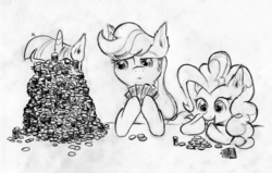 Size: 3300x2103 | Tagged: safe, artist:gezawatt, applejack, pinkie pie, twilight sparkle, g4, grayscale, group, high res, monochrome, pile, playing, poker, traditional art