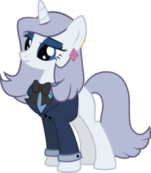Size: 2484x2839 | Tagged: safe, artist:duskthebatpack, oc, oc only, oc:platinum decree, pony, unicorn, bow, clothes, ear piercing, earring, elegant, eyeshadow, female, frown, glare, high res, makeup, mare, simple background, solo, suit, transparent background, unamused, vector