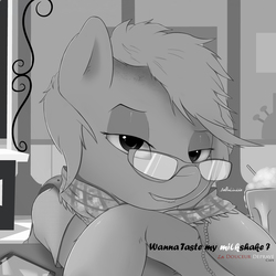 Size: 2000x2000 | Tagged: safe, artist:deltalinwie, oc, oc only, cellphone, clothes, glasses, grayscale, high res, looking at you, milkshake, monochrome, phone, portrait, scarf, short hair, solo