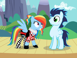 Size: 1024x768 | Tagged: safe, artist:rulette, rainbow dash, soarin', g4, alternate hairstyle, clothes, female, male, ship:soarindash, shipping, socks, straight