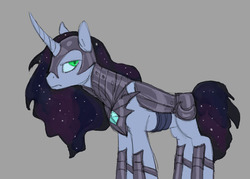 Size: 920x657 | Tagged: safe, artist:carnifex, pony, unicorn, annoyed, armor, frown, looking at you, offspring, parent:king sombra, parent:princess luna, parents:lumbra, simple background, solo