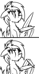 Size: 1525x2921 | Tagged: source needed, safe, artist:ralek, oc, oc only, oc:sapphire sights, pegasus, pony, 2 panel comic, black and white, can't argue with that, comic, confused, ear fluff, eye clipping through hair, eyebrows, eyebrows visible through hair, female, floppy ears, frown, grayscale, high res, looking back, mare, monochrome, open mouth, pegasus oc, reaction image, shifty eyes, simple background, sitting, solo, speechless, thinking, white background, wide eyes, wing hands
