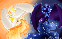 Size: 3200x2000 | Tagged: safe, artist:thedragonfly52413, princess celestia, princess luna, g4, duality, high res, large wings