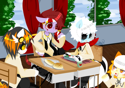 Size: 1000x708 | Tagged: safe, artist:snow angel, oc, oc only, oc:black ink, oc:spider, pony, spider, semi-anthro, bento, bipedal, bread, clothes, food, juice box, school, school uniform