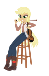 Size: 2132x3332 | Tagged: safe, artist:skycatcherequestria, applejack, equestria girls, g4, clothes, female, fiddle, high res, loose hair, musical instrument, simple background, solo, stool, transparent background