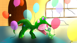 Size: 1920x1080 | Tagged: safe, gummy, pinkie pie, g4, balloon, clothes, smiling, suit, wardrobe malfunction