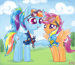 Size: 826x715 | Tagged: safe, artist:mcponyponypony, rainbow dash, scootaloo, g4, badge, captain of the wonderbolts, clothes, drill sergeant, lead pony, necktie, older, older rainbow dash, older scootaloo, spitfire's tie, suit, teenager, uniform, wonderbolt trainee uniform, wonderbolts dress uniform