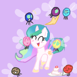 Size: 650x650 | Tagged: safe, artist:shadowluigimwahaha, princess celestia, parasprite, g4, cake, filly, unicorn celestia, younger