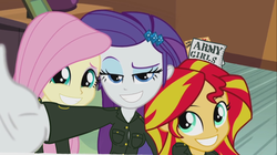 Size: 907x507 | Tagged: safe, artist:varemia, edit, edited screencap, screencap, fluttershy, rarity, sunset shimmer, equestria girls, g4, my little pony equestria girls: rainbow rocks, army, clothes, grin, military, military uniform, selfie, uniform