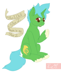 Size: 2500x3000 | Tagged: safe, artist:red note, oc, oc only, oc:blue note, pony, unicorn, advice, banner, chill, commission, french horn cutie mark, green, green pony, green unicorn, high res, looking at you, male, relaxed, simple background, stallion, sunglasses, text, transparent background, waving at you