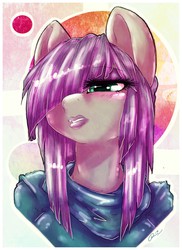 Size: 1362x1870 | Tagged: safe, artist:dimwitdog, maud pie, anthro, g4, bust, explicit source, female, hair over one eye, lipstick, portrait, solo