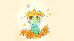 Size: 1366x768 | Tagged: safe, artist:claire-pouette, lyra heartstrings, pony, unicorn, fanfic:background pony, g4, blushing, cute, female, floral head wreath, flower, gradient background, simple background, smiling, solo, tulip