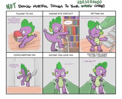 Size: 992x806 | Tagged: safe, artist:carnifex, edit, spike, oc, oc:anon, dragon, human, g4, baby, baby dragon, book, bookshelf, colored, cute, dialogue, doing loving things, horsebando, husbando, ladder, male, meme, spikabetes, stepladder, stranger danger, text, this will end in jail time