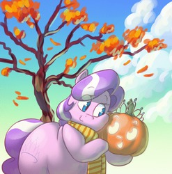 Size: 596x603 | Tagged: safe, artist:secretgoombaman12345, diamond tiara, earth pony, pony, ask chubby diamond, g4, autumn, chubby diamond, clothes, fat, female, scarf, smiling, solo, squishy cheeks