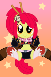 Size: 683x1027 | Tagged: safe, artist:itoruna-the-platypus, apple bloom, earth pony, pony, g4, arms, bikini, bra, clothes, cute, holding a pony, itoruna, swimsuit, underwear, yoko littner