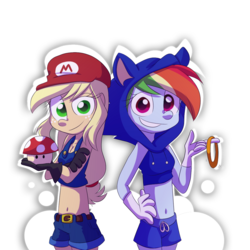 Size: 1024x1024 | Tagged: safe, artist:fj-c, applejack, rainbow dash, equestria girls, g4, belly button, breasts, cleavage, clothes, cosplay, crossover, duo, female, male, mario, midriff, ring, shorts, simple background, sonic the hedgehog, sonic the hedgehog (series), super mario bros., super mushroom, transparent background