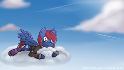 Size: 1920x1080 | Tagged: safe, artist:itspencilguy, oc, oc only, oc:snap roll, pegasus, pony, fallout equestria, fallout equestria: frozen skies, clothes, cloud, socks