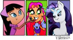 Size: 1080x595 | Tagged: safe, artist:toongrowner, rarity, g4, lipstick, makeover, midriff, starfire, teen titans go, the fairly oddparents, trixie tang