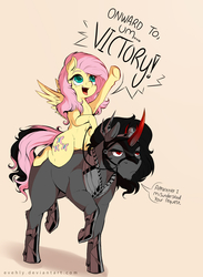 Size: 1500x2044 | Tagged: safe, artist:evehly, fluttershy, king sombra, pony, g4, belly button, bridle, cute, female, fluffy, frown, harness, male, mare, open mouth, pointing, ponies riding ponies, raised hoof, raised leg, reins, riding, ship:sombrashy, shipping, shyabetes, smiling, sombradorable, stallion, straight, unamused, underhoof, walking