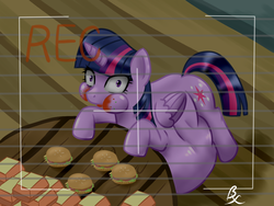 Size: 1024x768 | Tagged: safe, artist:40450, twilight sparkle, alicorn, pony, g4, belly, camera shot, eating, fat, female, hay burger, inflation, mare, obese, recording, solo, that pony sure does love burgers, twilard sparkle, twilight burgkle, twilight sparkle (alicorn)