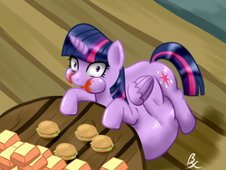 Size: 1024x768 | Tagged: safe, artist:40450, twilight sparkle, alicorn, pony, g4, abdominal bulge, belly, belly bed, big belly, cheek bulge, eating, female, hay burger, huge belly, impossibly large belly, looking at you, looking up, mare, obese, round belly, solo, stuffed, stuffed belly, stuffing, that pony sure does love burgers, twilight burgkle, twilight sparkle (alicorn)