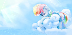 Size: 3924x1928 | Tagged: safe, artist:gsphere, rainbow dash, pegasus, pony, g4, cloud, cloudy, cute, dashabetes, eyes closed, featured image, female, floppy ears, high res, profile, prone, sleeping, smiling, solo