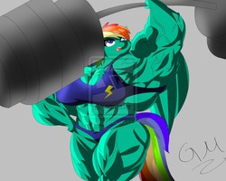 Size: 900x720 | Tagged: dead source, safe, artist:outlawmoruko, rainbow dash, anthro, g4, bigorexic, deviantart watermark, fetish, lifting, muscle fetish, muscles, obtrusive watermark, rainbuff dash, stronk, vein, watermark, weights, workout, workout outfit