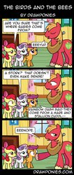 Size: 583x1371 | Tagged: safe, artist:drawponies, apple bloom, big macintosh, scootaloo, sweetie belle, earth pony, pony, g4, blatant lies, comic, cutie mark crusaders, dialogue, lies, male, sex education, speech bubble, stallion