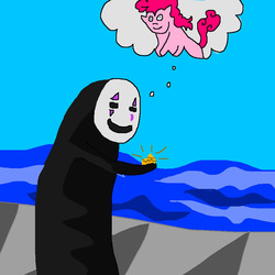 Size: 900x900 | Tagged: safe, artist:pewdie-pinkiepie, pinkie pie, g4, 1000 hours in ms paint, crossover, gold, mask, memory, ms paint, no-face, ocean, poop, shipping, spirited away, thought bubble, wat, why