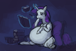 Size: 1000x671 | Tagged: safe, artist:0pik-0ort, rarity, g4, belly, book, comfort eating, fat, female, ice cream, magic, raritubby, solo, weight gain