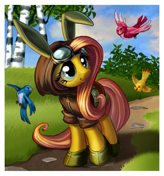 Size: 1272x1363 | Tagged: safe, artist:harwick, fluttershy, bird, pegasus, pony, g4, bunny ears, clothes, costume, dangerous mission outfit, female, goggles, hoodie, mare, solo