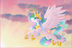 Size: 1150x766 | Tagged: safe, artist:nighttwilightwolf, princess celestia, g4, female, flying, magic, solo