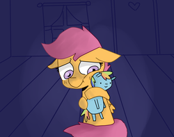 Size: 4385x3450 | Tagged: safe, artist:meowing-ghost, rainbow dash, scootaloo, pegasus, pony, g4, clubhouse, crusaders clubhouse, female, floppy ears, hug, plushie, rainbow dash plushie, solo