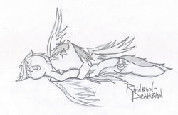 Size: 1024x664 | Tagged: safe, artist:rainbow-deathblow, rainbow dash, soarin', g4, female, kissing, male, monochrome, ship:soarindash, shipping, straight