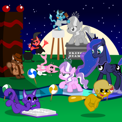 Size: 1635x1635 | Tagged: safe, artist:magerblutooth, diamond tiara, princess luna, oc, oc:dazzle, alicorn, cat, earth pony, pony, g4, cake, candy, female, filly, foal, jewelry, mare, multiple personality, regalia, statue, vector