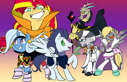 Size: 800x518 | Tagged: safe, artist:bunnimation, derpy hooves, discord, soarin', sunset shimmer, trixie, zecora, pony, zebra, g4, amelia wil tesla saillune, gourry gabriev, lina inverse, slayers, xellos, zelgadis