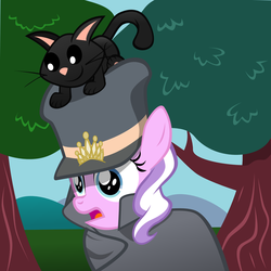 Size: 1635x1635 | Tagged: safe, artist:magerblutooth, diamond tiara, oc, oc:dazzle, cat, g4, clothes, mailpony, shigofumi, tree, uniform