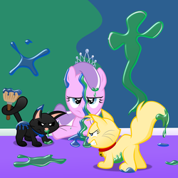 Size: 1635x1635 | Tagged: safe, artist:magerblutooth, diamond tiara, oc, oc:dazzle, oc:peal, cat, g4, blue, green, mess, paint, paint in hair, paint on fur, territory