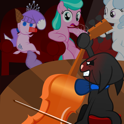 Size: 1635x1635 | Tagged: safe, artist:magerblutooth, aquamarine, diamond tiara, royal blue, oc, oc:dazzle, cat, earth pony, pony, g4, aquabetes, auditorium, background pony, bowtie, cello, cute, diamondbetes, dummy, female, filly, musical instrument, ponies sitting like humans, royalbetes