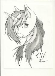 Size: 5100x7014 | Tagged: safe, artist:therazor659, shining armor, g4, absurd resolution, ear fluff, gleaming shield, looking at you, monochrome, rule 63, solo, traditional art