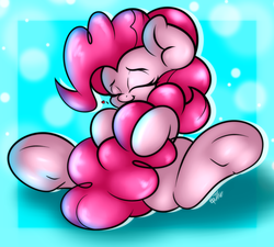 Size: 2000x1800 | Tagged: dead source, safe, artist:ep-777, pinkie pie, g4, blue background, cute, diapinkes, female, heart, shadow, simple background, solo, strategically covered, tail censor, tail hug, underhoof