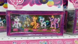 Size: 4128x2322 | Tagged: safe, applejack, dj pon-3, doctor whooves, rarity, time turner, twilight sparkle, vinyl scratch, alicorn, pony, g4, blind bag, female, irl, mare, photo, rainbow power, rainbow power-ified, toy, toys r us, twilight sparkle (alicorn)