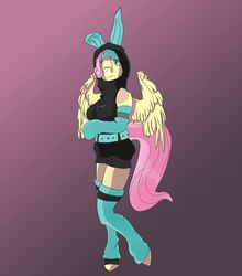 Size: 3593x4092 | Tagged: safe, artist:firebird145, fluttershy, pegasus, anthro, g4, breasts, bunny ears, busty fluttershy, clothes, costume, dangerous mission outfit, female, hoodie, looking at you, solo