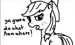 Size: 1006x603 | Tagged: safe, artist:mediocre, applejack, g4, angry, black and white, flockmod, grayscale, looking at you