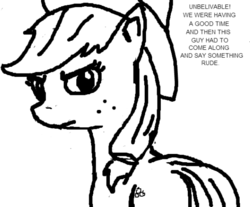 Size: 603x499 | Tagged: safe, artist:mediocre, applejack, earth pony, pony, g4, angry, black and white, female, flockmod, frown, grayscale, looking at you, looking back, looking back at you, mare, monochrome, reaction image, rude, solo