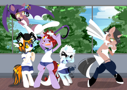 Size: 799x566 | Tagged: safe, artist:snow angel, oc, oc only, oc:black ink, oc:miss bat, oc:spider, pony, spider, bipedal, black sclera, heterochromia, school, sports shorts