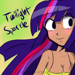 Size: 886x886 | Tagged: safe, artist:cronavongorgon, twilight sparkle, human, g4, blue hair, blushing, breasts, cleavage, clothes, dark skin, eyelashes, female, humanized, long hair, looking away, multicolored hair, pink hair, purple hair, smiling, solo
